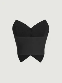 SHEIN MOD Button Front Tube Bodycon Black Top Without Shirt,Black Satin Corset Top, Button Front, Bustier, Sweetheart Neckline, Party, Wedding, Evening, Elegant, Structured, Strapless, Classic, Lounge, Figure Hugging, Minimalist, Formal, Soft Touch, Sleeveless, Versatile, Night Out, Chic, Black - Black - View 2