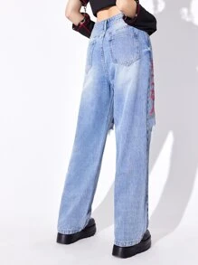 ROMWE Anime Letter & Cartoon Face Print Ripped Straight Leg Jeans - Medium Wash - View 6