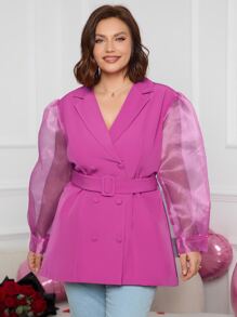 SHEIN Privé Plus Organza Sleeve Double Breasted Belted Blazer - Red Violet - View 1