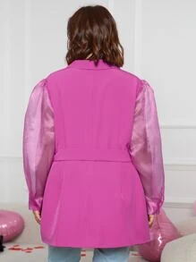 SHEIN Privé Plus Organza Sleeve Double Breasted Belted Blazer - Red Violet - View 2