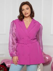 SHEIN Privé Plus Organza Sleeve Double Breasted Belted Blazer - Red Violet - View 3