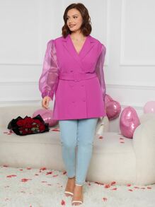SHEIN Privé Plus Organza Sleeve Double Breasted Belted Blazer - Red Violet - View 4