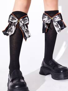 ROMWE Kawaii Bow Decor Over The Calf Socks - Black - View 1