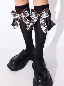 ROMWE Kawaii Bow Decor Over The Calf Socks - Black - View 2