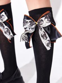 ROMWE Kawaii Bow Decor Over The Calf Socks - Black - View 3