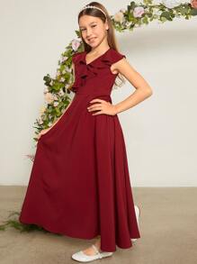 SHEIN Chicas Vestido unicolor ribete con fruncido - Burdeos - Ver 2