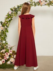 SHEIN Chicas Vestido unicolor ribete con fruncido - Burdeos - Ver 3