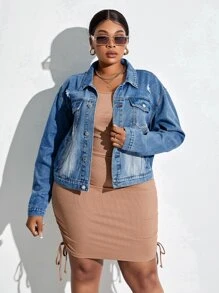 SHEIN CURVE+ Chaqueta vaquera azul rasgada y sin estiramiento para mujer de talla grande - Azul - Ver 1