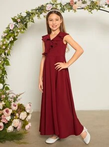 SHEIN Chicas Vestido unicolor ribete con fruncido - Burdeos - Ver 4