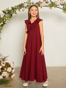 SHEIN Chicas Vestido unicolor ribete con fruncido - Burdeos - Ver 1