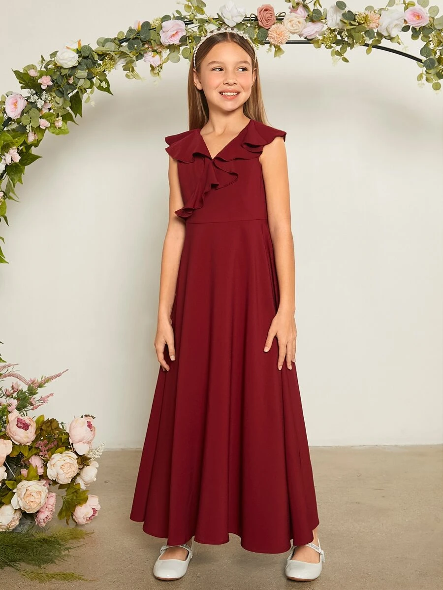 SHEIN Chicas Vestido unicolor ribete con fruncido - Burdeos - Ver 1