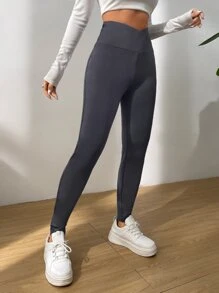 SHEIN EZwear 素色前交叉緊身打底褲