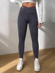 SHEIN EZwear 素色前交叉緊身打底褲