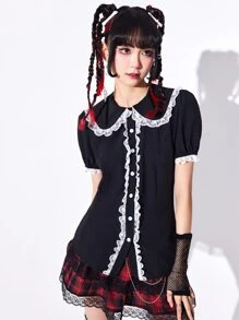 ROMWE J-Fashion Contrast Lace Button Front Shirt - Black - View 2