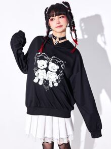 ROMWE Anime Quần áo thể thao nữ Đắp vá Hoạt hình Giải trí - màu đen - Xem 5