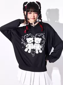 ROMWE Anime Quần áo thể thao nữ Đắp vá Hoạt hình Giải trí - màu đen - Xem 6