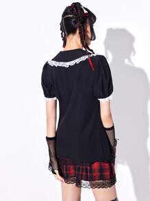 ROMWE J-Fashion Contrast Lace Button Front Shirt - Black - View 6
