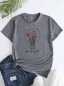 SHEIN LUNE Floral And Slogan Graphic Tee - Grey - View 1