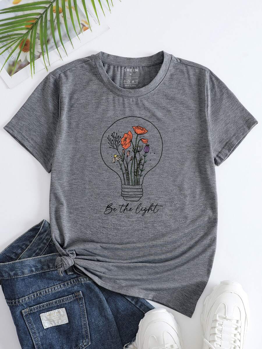 SHEIN LUNE Floral And Slogan Graphic Tee - Grey - View 1