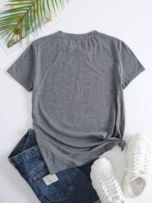 SHEIN LUNE Floral And Slogan Graphic Tee - Grey - View 2