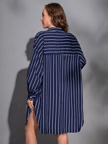 SHEIN Tall Áo sơ mi nữ Nút phía trước Sọc Giải trí - Xanh và trắng - Xem 2