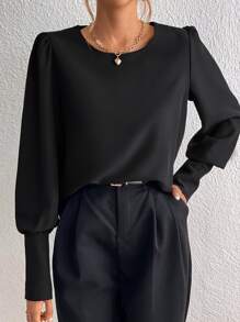 SHEIN Tall Button Back Bishop Sleeve Blouse - Black - View 2