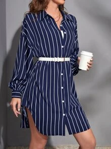 SHEIN Tall Áo sơ mi nữ Nút phía trước Sọc Giải trí - Xanh và trắng - Xem 3