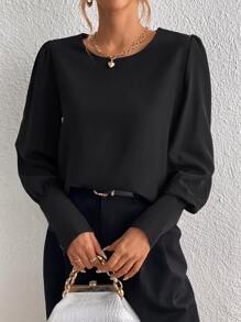 SHEIN Tall Button Back Bishop Sleeve Blouse - Black - View 3