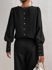 SHEIN Tall Button Back Bishop Sleeve Blouse - Black - View 4