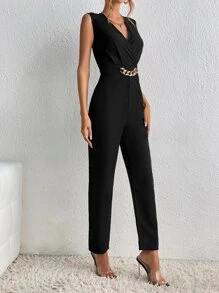 SHEIN Tall Chain Detail Surplice Neck Jumpsuit - Black - View 2