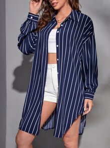 SHEIN Tall Áo sơ mi nữ Nút phía trước Sọc Giải trí - Xanh và trắng - Xem 4