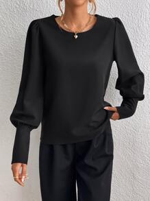 SHEIN Tall Button Back Bishop Sleeve Blouse - Black - View 6
