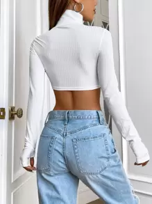 SHEIN EZwear 高領前鏤空短款上衣 - 白色 - 查看 2