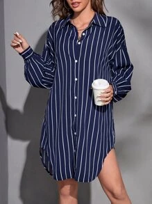 SHEIN Tall Áo sơ mi nữ Nút phía trước Sọc Giải trí - Xanh và trắng - Xem 6