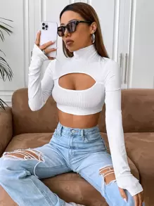 SHEIN EZwear 高領前鏤空短款上衣 - 白色 - 查看 3