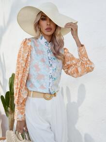 GENKIRA Floral Print Puff Sleeve Shirt - Multicolor - View 1