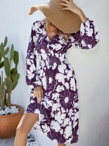 SHEIN LUNE Floral Print Lantern Sleeve Dress - Multicolor - View 3