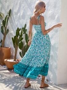 SHEIN VCAY Vestido de tirantes con estampado floral tira con nudo bajo con fruncido - Verde - Ver 2