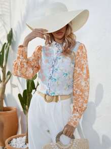 GENKIRA Floral Print Puff Sleeve Shirt - Multicolor - View 3