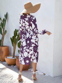 SHEIN LUNE Floral Print Lantern Sleeve Dress - Multicolor - View 2