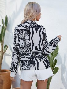 SHEIN LUNE Geo Print Button Front Shirt - Black and White - View 2