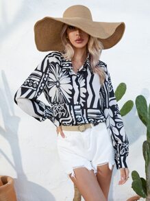 SHEIN LUNE Geo Print Button Front Shirt - Black and White - View 3