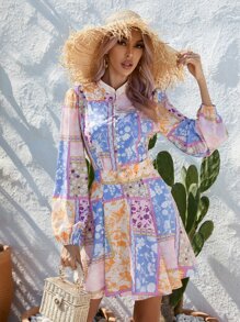 SHEIN VCAY Scarf Print Lantern Sleeve Button Front Shirt Dress - Multicolor - View 1