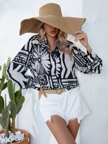 SHEIN LUNE Geo Print Button Front Shirt - Black and White - View 4