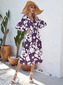 SHEIN LUNE Floral Print Lantern Sleeve Dress - Multicolor - View 5