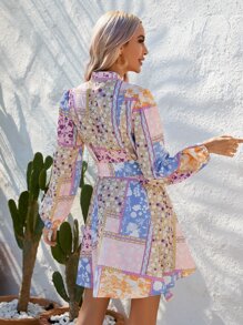 SHEIN VCAY Scarf Print Lantern Sleeve Button Front Shirt Dress - Multicolor - View 2