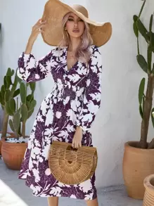 SHEIN LUNE Floral Print Lantern Sleeve Dress - Multicolor - View 1