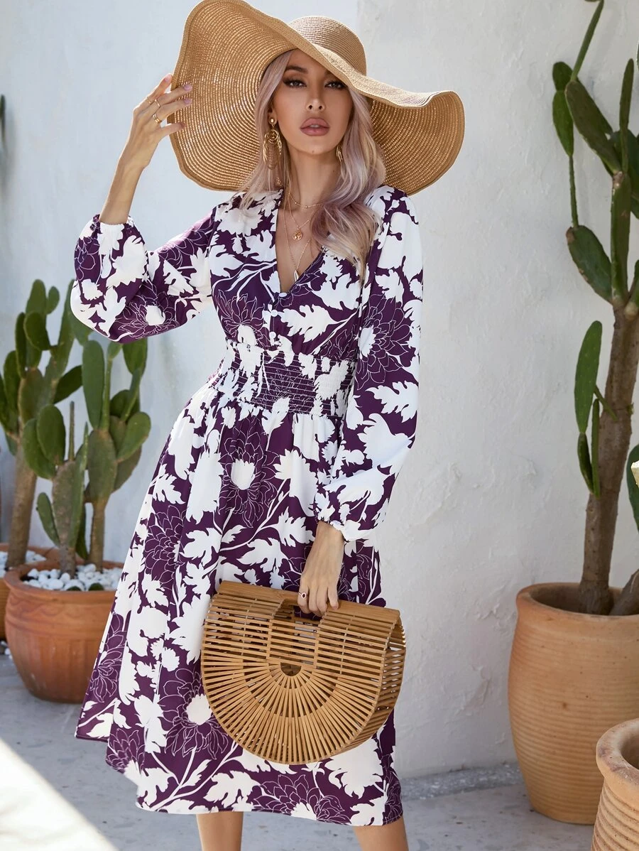 SHEIN LUNE Floral Print Lantern Sleeve Dress - Multicolor - View 1