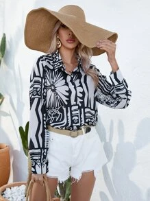 SHEIN LUNE Geo Print Button Front Shirt - Black and White - View 6