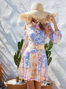 SHEIN VCAY Scarf Print Lantern Sleeve Button Front Shirt Dress - Multicolor - View 4